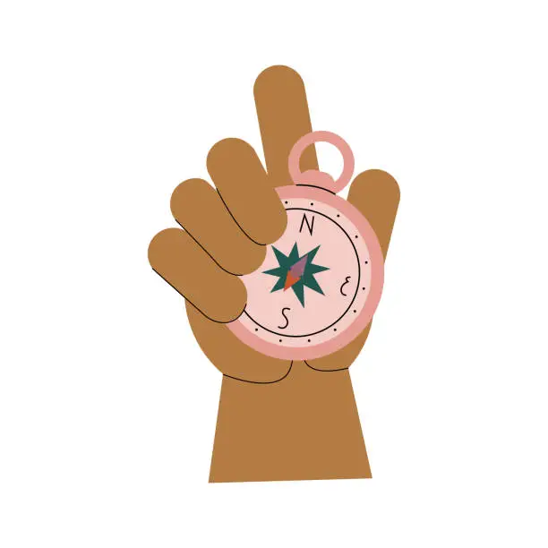 Vector illustration of Isolated hand holding a compass on a white background.