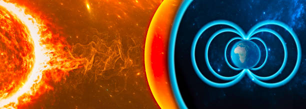 Sun and solar storm, Earth's magnetic field, Earth and solar wind, flow of particles. Rising temperatures. Global warming Sun and solar storm, Earth's magnetic field, Earth and solar wind, flow of particles. Rising temperatures. Global warming. Ozone hole. 3d rendering.  Element of this image is furnished by Nasa:
https://visibleearth.nasa.gov/collection/1484/blue-marble earth's atmosphere stock pictures, royalty-free photos & images