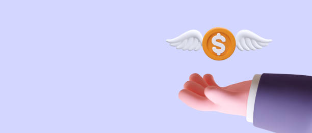 istock Realistic hand, dollar coin with wings. Money transfer concept 2033698673