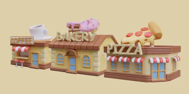 Vector illustration of Collection with 3d realistic shops. Coffee shop, bakery and pizzeria