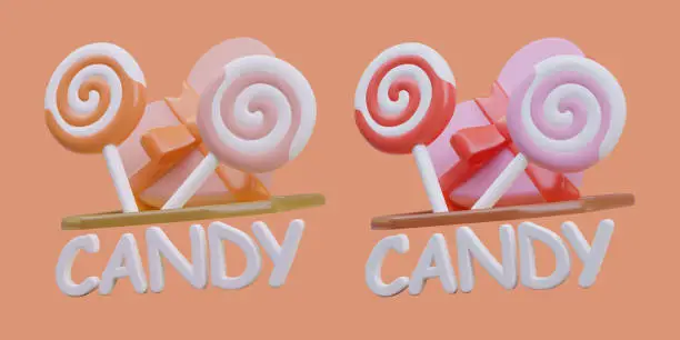 Vector illustration of Concept of tasty logotype with pink, orange and red lollipop and heart with bow