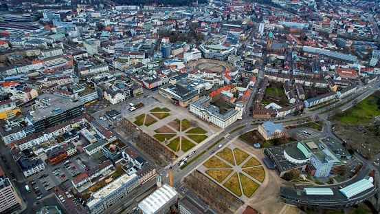Aerial view of the downtown of the city kassel in Germany on a sunny morning in autumn