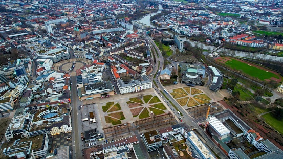 Aerial view around the downtown area of the dokumenta city Kassel in Hessen, Germany on a cloudy day in late winter