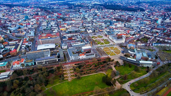 Aerial view of downtown Kassel in Hessen on a cloudy day in spring