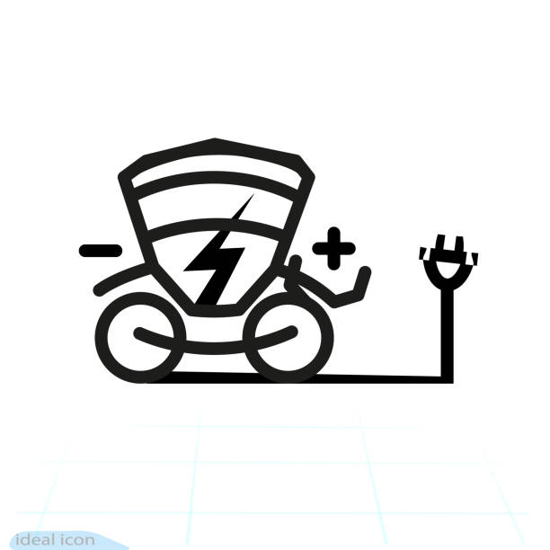 ilustraciones, imágenes clip art, dibujos animados e iconos de stock de icono de carro eléctrico. silueta de la línea de la bicicleta eléctrica de trekking con luz de flash de electricidad, señal de rayo. carro de carruajes. designación de plazas de aparcamiento para la carga - tesla