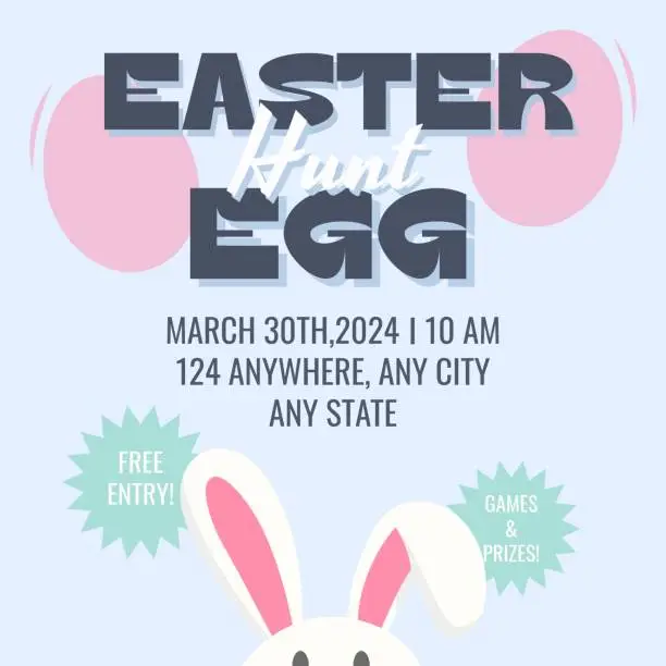 Vector illustration of Easter egg hunt modern background template. Vector illustration with bunny ears, eggs and text. Trendy cover, post, invitation or poster.