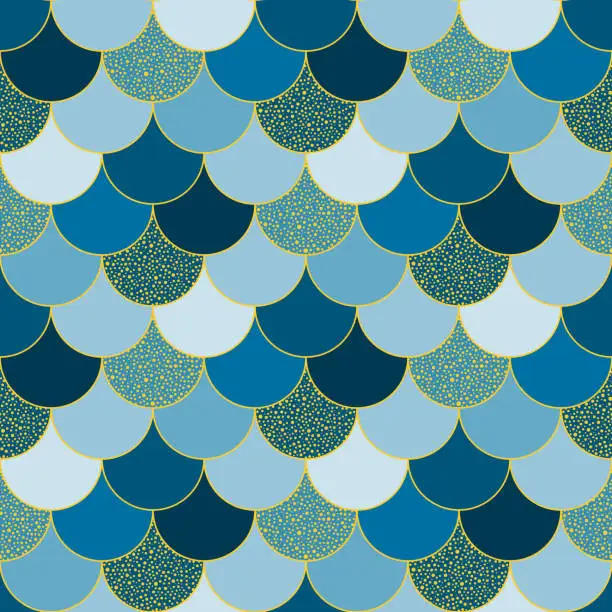 Vector illustration of Scale, reptile, fish skin background. Abstract geometric seamless pattern. Mosaic of dark and light blue scale tiles, partly with golden dotted texture