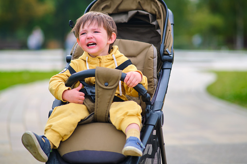 The unhappy child's face shows stress as he crying in the stroller during the park walk.