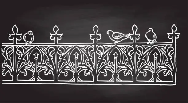 Vector illustration of Wrought Iron Fence And Pigeons Blackboard