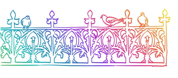 Vector illustration of Wrought Iron Fence And Pigeons Rainbow