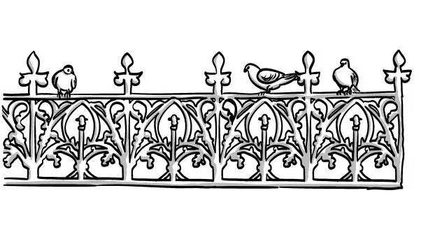 Vector illustration of Wrought Iron Fence And Pigeons Sketch