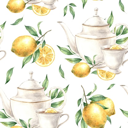 Watercolor tea pattern with ceramic tableware and fresh lime on a white background. Illustration is hand drawn, suitable for menu design, packaging, poster, website, textile, invitation, brochure.