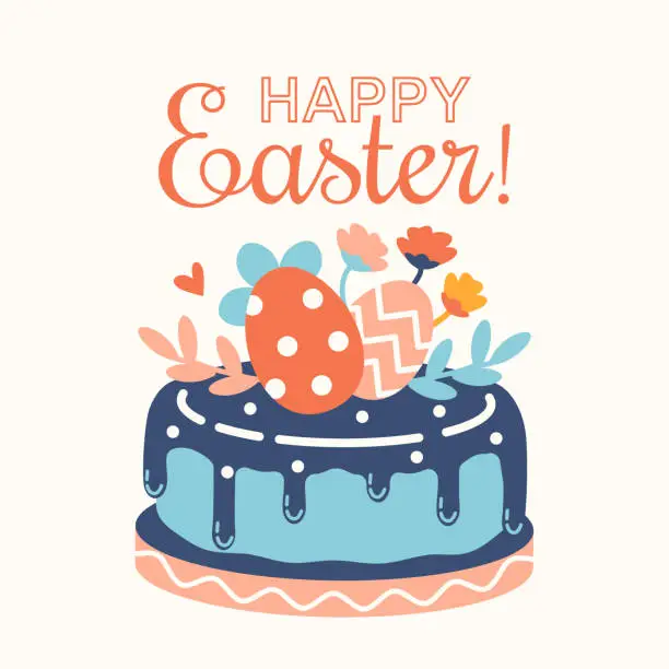 Vector illustration of Fun Easter cake with holiday decoration, flowers and Easter eggs. Modern Hand drawn vector graphic. Bright holiday concept. Excellent for postcards, posters, stickers, badges.