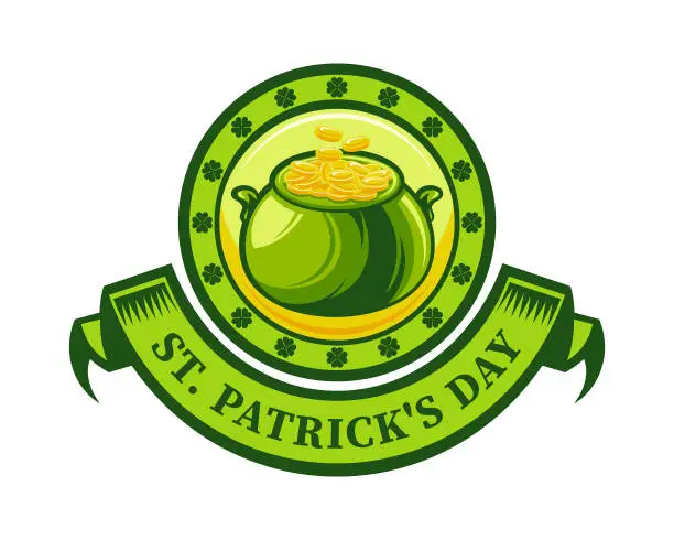 Vector illustration of Saint Patrick`s Day Emblem with Pot and Gold Coins - vector banner badge