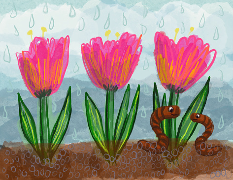 Flowers with rain and two worms scene