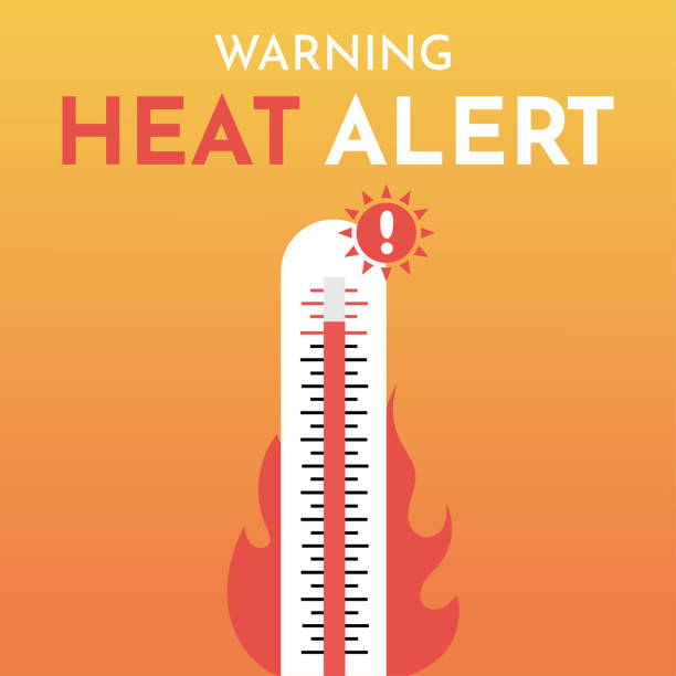 ilustrações de stock, clip art, desenhos animados e ícones de heat alert warning for hot temperatures and heat waves. thermometer burning with exclamation mark. - calor