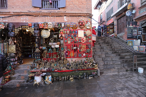 Kathmandu, Nepal. Taken November 27, 2023. Swayambhunath Temple. Shops selling tourist objects in the stairs up to the temple.