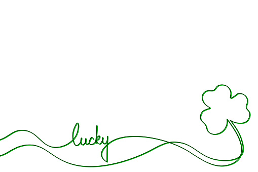 Continuous hand-drawing line with lettering lucky and clover outline. Happy St. Patrick's Day banner. Green line isolated on transparent background. Vector illustration.