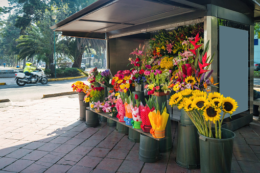 Flower shop kiosk with lots of colorful flowers in Mexico City, Mexico.