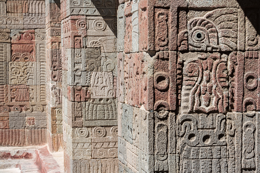 Carved quetzal on the pillar of Quetzalpapalotl Palace at Teotihuacan in Mexico City, Mexico.