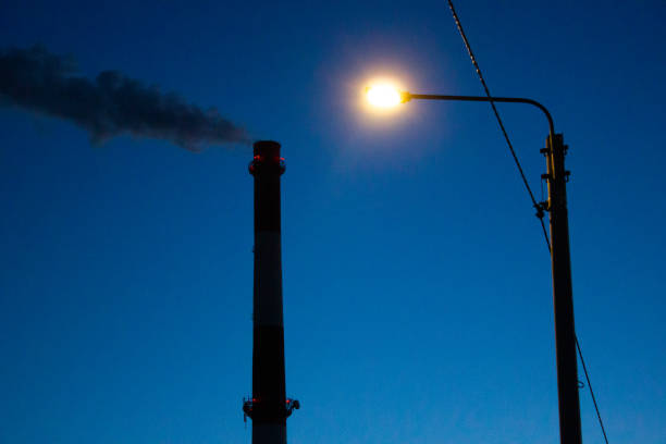 Smoke from a chimney at dusk and an electric pole.