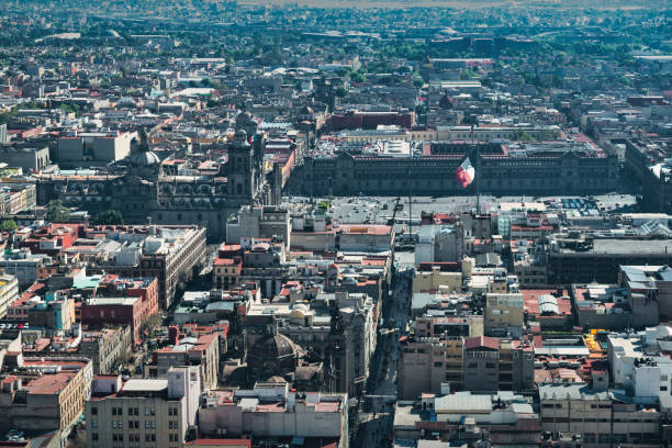 Aerial View of Zocalo square in downtown Mexico City, Mexico.