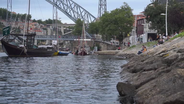 A shot capturing the Douro River and its many cruise boats, along with people resting on the river's shore.