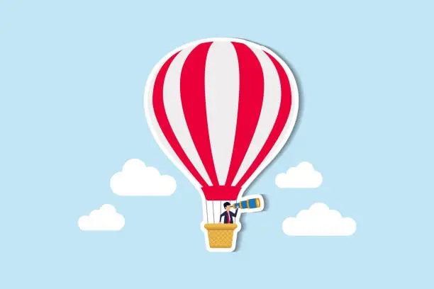 Vector illustration of Visionary leader plans for mission victory or career advancement concept, smart businessman flying high on hot air balloon using spyglass or telescope to see through business vision.