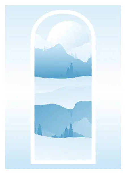 Vector illustration of Mountains winter view with white peaks illustration. Aesthetic boho background with frozen lake