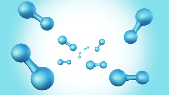 3d rendering of hydrogen chloride molecules on the bright blue and white