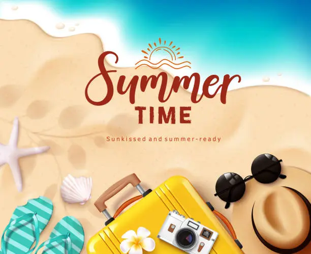 Vector illustration of Summer time text vector design. Summer time greeting text with luggage, camera, hat and flipflop beach elements in seashore background