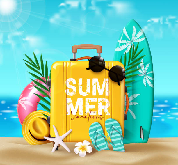 istock Summer travel luggage vector design. Summer vacation text in yellow suitcase with surfboard, floaters, flipflop and leaf elements 2034151861