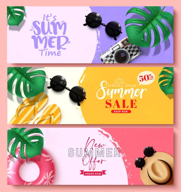 Vector illustration of Summer sale vector banner set design. Summer time sale text with 50% special offer discount price for holiday season shopping