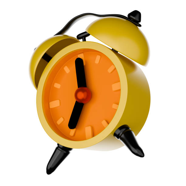 istock Yellow alarm clock, cartoon style, 3D rendering on white background have work path. Wake up at 7 am. or 7 pm. 2034154983