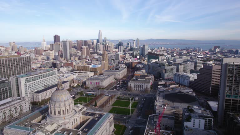 Aerial View of San Francisco City Hall, County Courts Buildings, Civic Center Plaza and Downtown Skyscrapers in Skyline