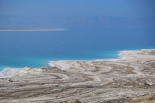 Full frame scenic drone view of dead sea beach in Jordan