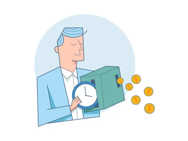 Vector illustration of Time investment to make money, businessman investor push clock in return of money
