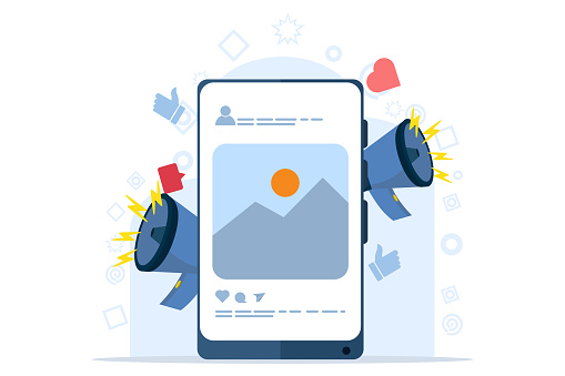 Flat modern digital marketing concept. Advertising campaigns and online promotions in mobile applications, advertising content in social networks. Vector illustration with isolated scenes.