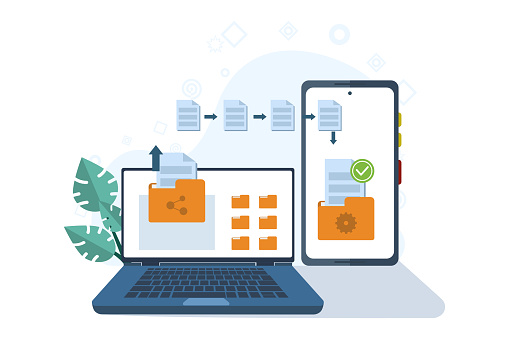 file transfer concept, cloud technology, upload and download, data backup, document storage, business characters transferring files between devices, flat vector illustration on background.