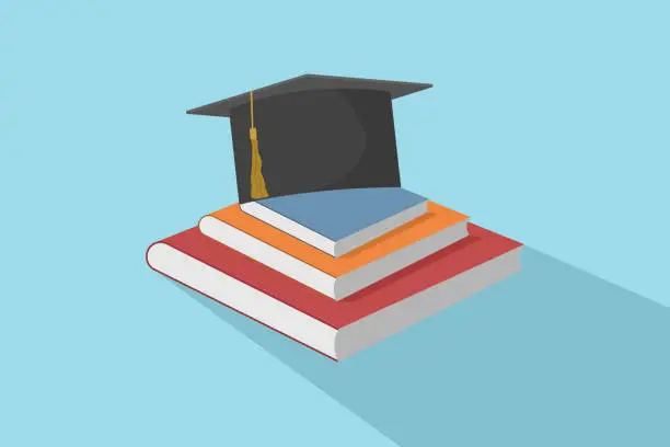 Vector illustration of education concept, stack of textbooks with toga hat. distance learning, self-education, digital library. E-learning banner. Online education. flat vector illustration.