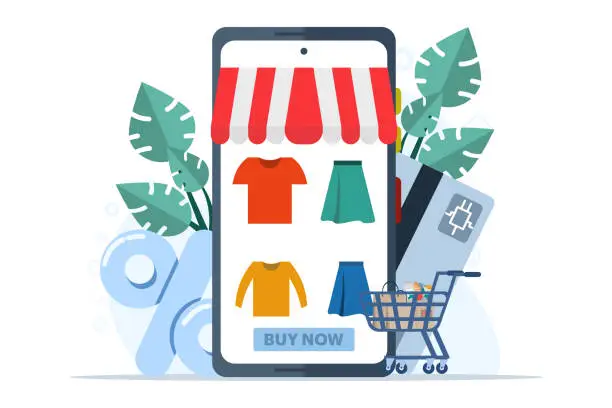 Vector illustration of concept of online shopping, e-commerce, flash sale, discount, cashless payment, digital, people doing online shopping transactions, smartphones and shopping cards doing online shopping.