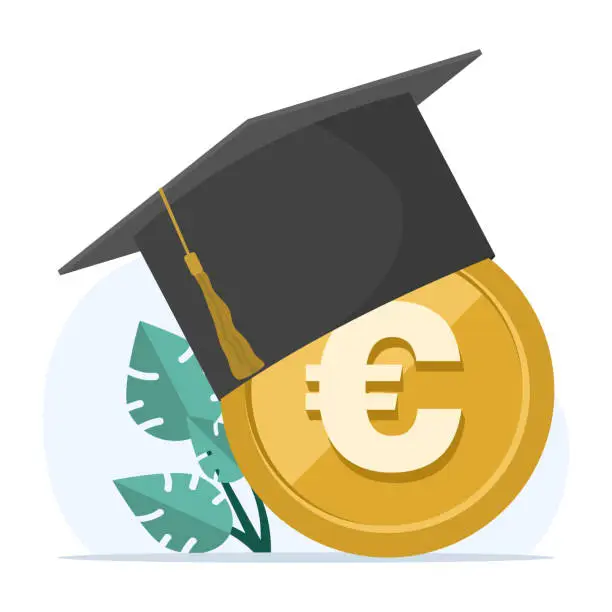 Vector illustration of concept of education costs, school fees or scholarships, money for university or graduation, student fees or debt, college diploma, Euro money coins with graduation cap and mortarboard certificate.