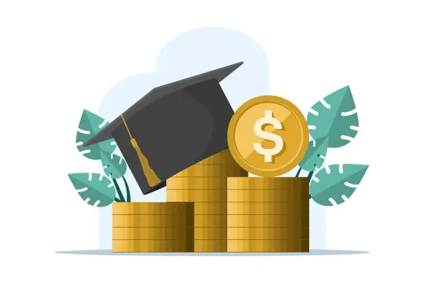 Vector illustration of education and money concept, flat cartoon graduation cap and cash, concept of scholarship or loan fees, school or study fees, value of student knowledge, learning success. flat vector illustration.