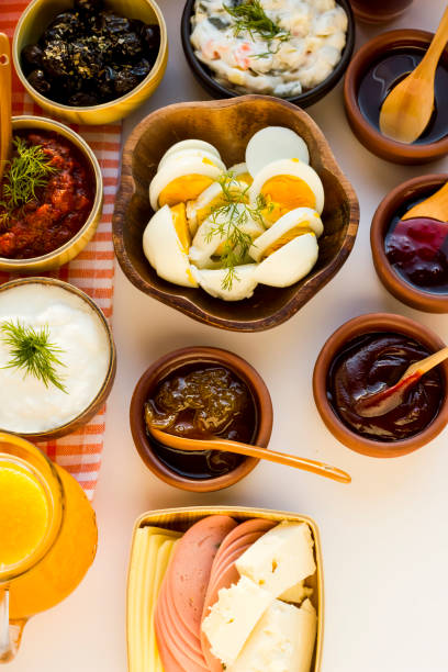 istock Traditional Turkish village breakfast in ceramic and bamboo bowls 2034213702