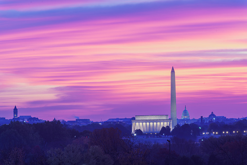 Washington DC skyline including Lincoln Memorial, Washington Monument, and The United States Capitol building