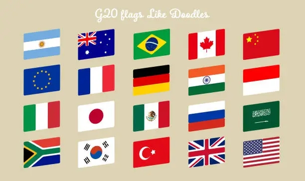 Vector illustration of A set of illustrations of the G20 flags with a hand-drawn touch