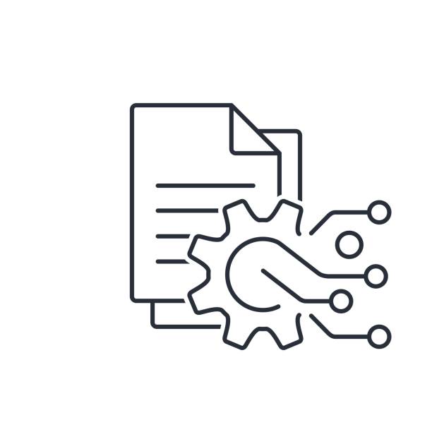 Document and electronic check out, verification and processing system. Modernization of data registration. Vector linear icon isolated on white background. Information on paper and a gear with an electronic board. automation logo stock illustrations