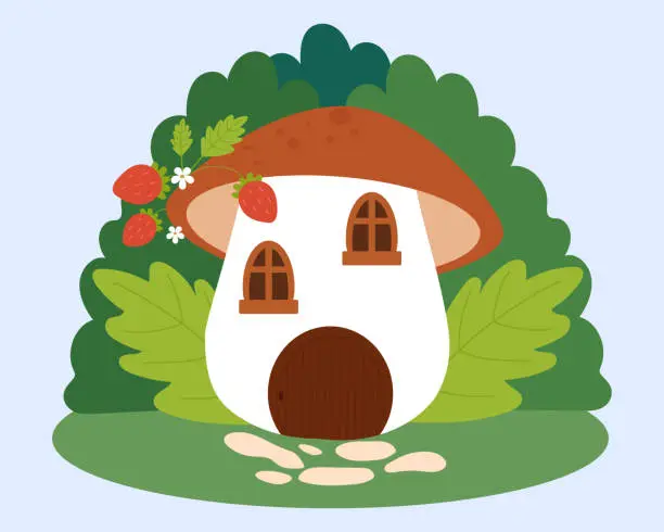 Vector illustration of Fairytale mushroom house. Mushroom house with strawberries and flowers.