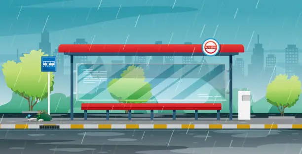 Vector illustration of Rain at the bus stop