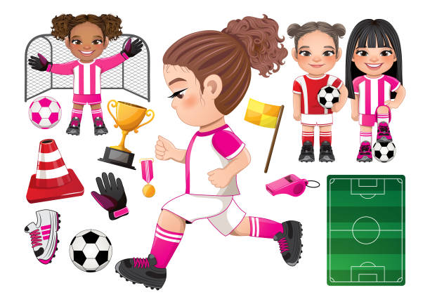 ilustraciones, imágenes clip art, dibujos animados e iconos de stock de jugador de fútbol chicas internacional y elementos colección de diseño vectorial - american football sports uniform football white background